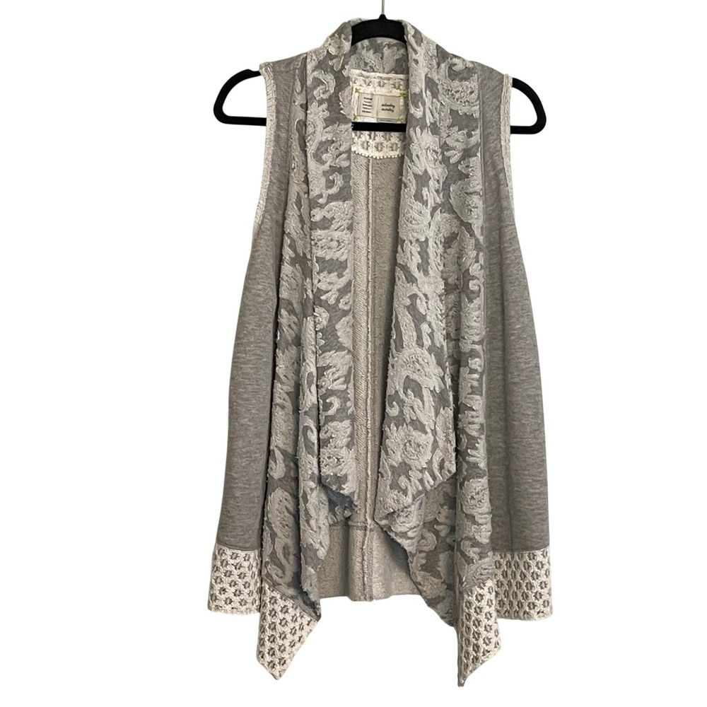 Anthropologie Saturday Sunday Gray Lace Trim Burnout Floral Draped Vest Large